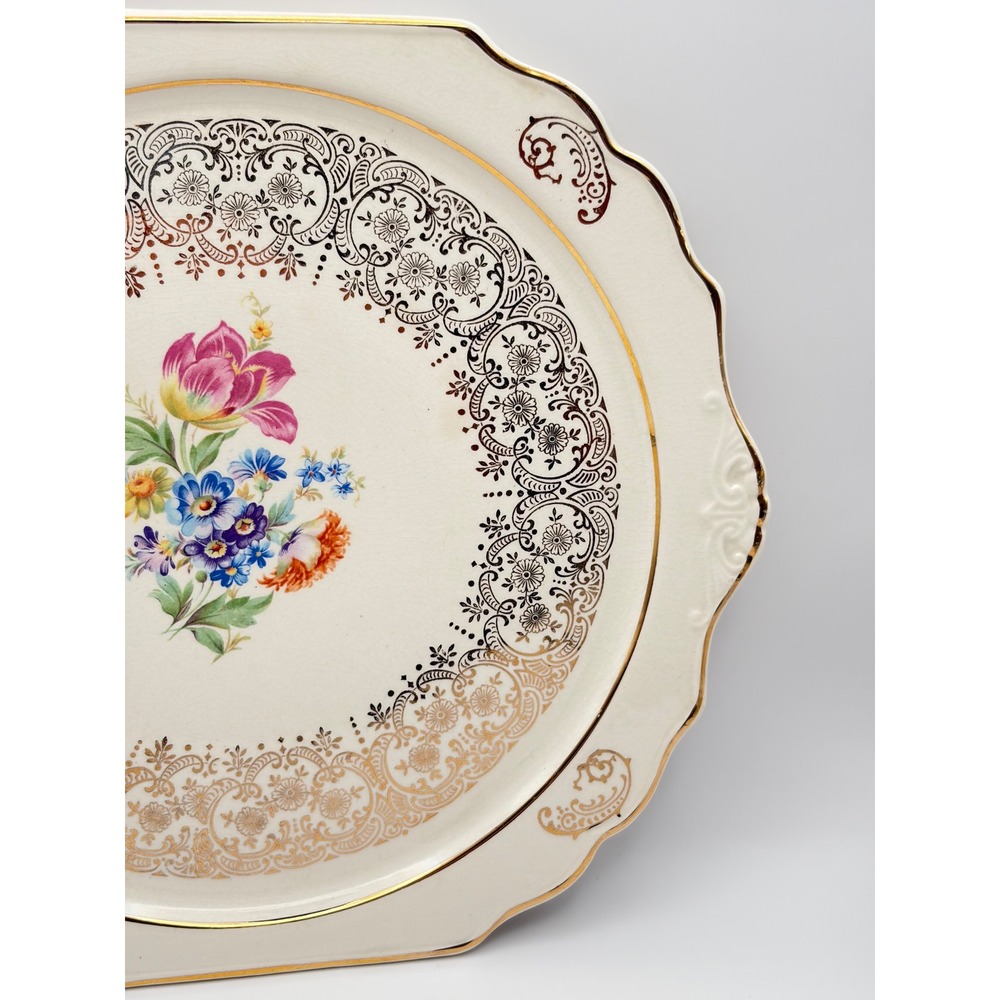 Harker Tulip Bouquet Handle Cake Plate 12 1/4" 22K Gold Trim Floral USA Vintage - Picture 3 of 7